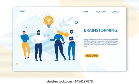 Brainstorming Design Landing Page. Creative Business Process and Strategy. People Work in Team, Create Idea, Achieve Goal. Male Female Coworkers Stand under Light Bulb Lamp. Vector Flat Illustration