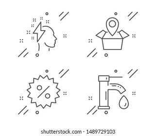 Brainstorming, Discount and Package location line icons set. Tap water sign. Lightning bolt, Special offer, Delivery tracking. Faucet. Business set. Line brainstorming outline icon. Vector
