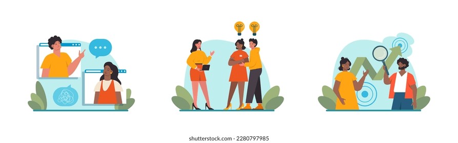 Brainstorming or discussion concept set. New idea generation in a team cooperation. Business conference or meeting debates for project development and success. Flat vector illustration