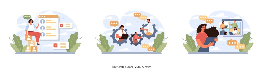Brainstorming oder Diskussionskonzept Set. Neue Ideengenerierung in einer Teamarbeit. Business Conference oder Meetings Debatten für Projektentwicklung und Erfolg. Flache Vektorgrafik
