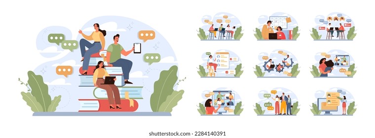 Brainstorming or discussion concept set. New idea generation in a team cooperation. Business conference or meeting debates for project development and success. Flat vector illustration