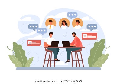 Lluvia de ideas o discusión. Nueva generación de ideas en una cooperación de equipo. Conferencias de negocios o debates de reuniones para el desarrollo y éxito de proyectos. Ilustración vectorial plana