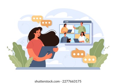 Brainstorming or discussion. New idea generation in a team cooperation. Online conference or meeting for project development and success. Flat vector illustration