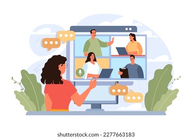 Brainstorming or discussion. New idea generation in a team cooperation. Online conference or meeting for project development and success. Flat vector illustration