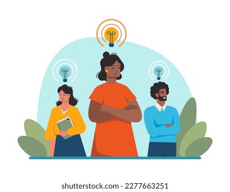 Lluvia de ideas o discusión. Nueva generación de ideas en una cooperación de equipo. Conferencias de negocios o debates de reuniones para el desarrollo y éxito de proyectos. Ilustración vectorial plana