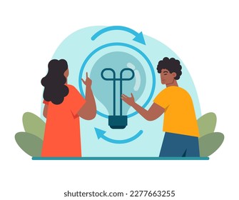 Lluvia de ideas o discusión. Nueva generación de ideas en una cooperación de equipo. Conferencias de negocios o debates de reuniones para el desarrollo y éxito de proyectos. Ilustración vectorial plana