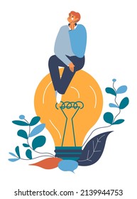 Brainstorming Mitarbeiter sitzend auf Glühbirne. Kreatives Denken und innovative Ideen für die Organisation, intelligente Arbeiter erzielen beste Ergebnisse. Startup und Erfindungen für Unternehmen. Vektorgrafik auf ebene
