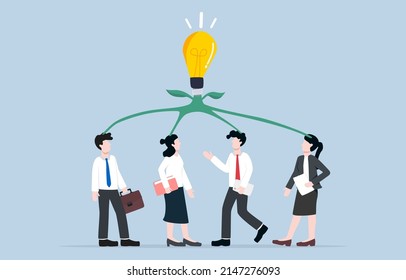Brainstorming to finding best idea for business, teamwork, collaboration, colleague meeting to grow creativity and draw conclusion concept. Bright light bulb idea growing from heads of employees. 