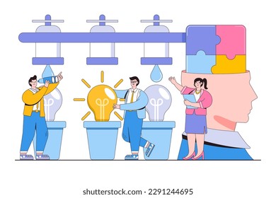 Brainstorming, finding and generating new solutions concept. Business people characters maturing ideas form of light bulb. Outline design style minimal vector illustration for landing page.