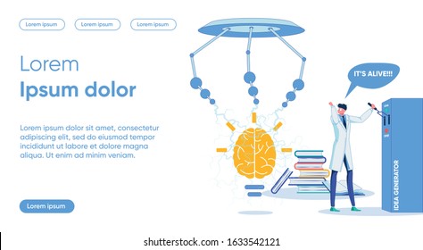 Brainstorming Flat Landing Page Vector Template. Idea Generation Process, Brainchild Birth. Scientist with Idea Generator Faceless Character. Brain Work Activation, Cerebration Homepage Layout