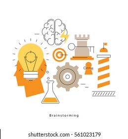 Brainstorming flat line business vector illustration design banner. Creative thinking, analysis, education, research, business idea background. Design for learning, problem solving, trainings, courses