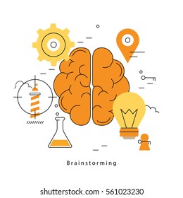 Brainstorming flat line business vector illustration design banner. Creative thinking, analysis, education, research, business idea background. Design for learning, problem solving, trainings, courses