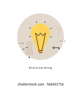 Brainstorming flat line business vector illustration design banner. Creative thinking, analysis, education, research, business idea background. Light bulb design for for mobile and web graphics