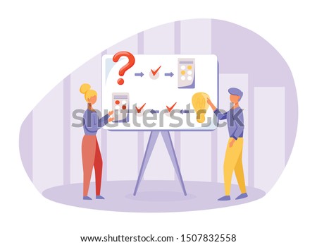 Brainstorming flat vector illustration. Logical thinking principles. Presentation. People discuss project. Boss and employee searching solution, generating idea. Reasoning colleagues cartoon character