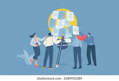 Brainstorming to gather and create new ideas, Corporate business workshop, Personal ideas written on sticky notes come together to form a big light bulb, Flat vector design illustration.
