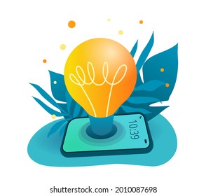 Brainstorming and generating new ideas banenr. Vector illustration for online marketing and business. Glowing light bulb in a smartphone. 
