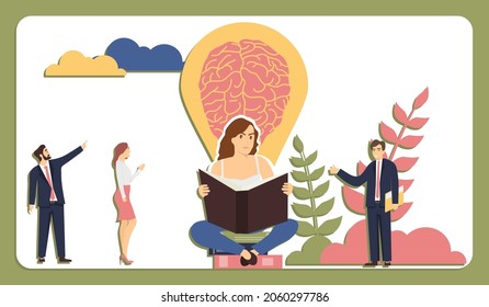 Brainstorming, a girl sits and reads a book, getting the necessary knowledge. Light bulb brain. Creative learning process. Vector illustration. Vector.