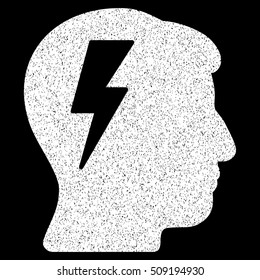 Brainstorming grainy textured icon for overlay watermark stamps. Flat symbol with unclean texture. Dotted vector white ink rubber seal stamp with grunge design on a black background.