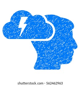 Brainstorming grainy textured icon for overlay watermark stamps. Flat symbol with scratched texture. Dotted vector blue ink rubber seal stamp with grunge design on a white background.