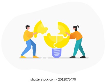 Lluvia de ideas en grupo, trabajo en equipo, generar ideas juntos. Dos personas combinan el rompecabezas de las ideas. Ilustración vectorial moderna