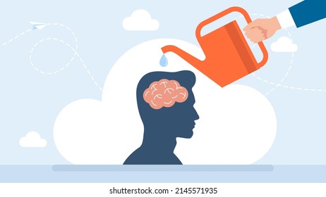 Brainstorming. Growth of creativity. Watering the brain with a watering can. Concept of generation of innovative ideas, creative thought, creativity and imagination. Flat cartoon business illustration