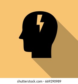 Brainstorming head icon with long shadow. Creative logo design. Modern vector pictogram concept for web design