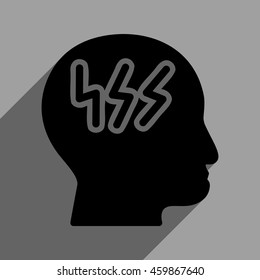 Brainstorming Head long shadow vector icon. Style is a flat brainstorming head black iconic symbol on a gray square background with longshadow.