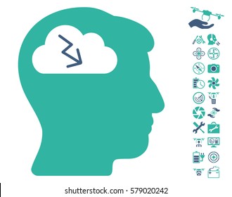 Brainstorming icon with bonus aircopter tools symbols. Vector illustration style is flat iconic cobalt and cyan symbols on white background.