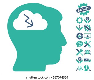 Brainstorming icon with bonus configuration pictograph collection. Vector illustration style is flat iconic cobalt and cyan symbols on white background.