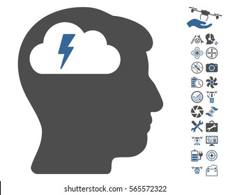 Brainstorming icon with bonus copter tools pictures. Vector illustration style is flat iconic cobalt and gray symbols on white background.