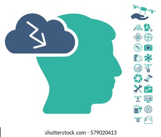 Brainstorming icon with bonus copter tools pictures. Vector illustration style is flat iconic cobalt and cyan symbols on white background.