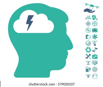 Brainstorming icon with bonus drone tools clip art. Vector illustration style is flat iconic cobalt and cyan symbols on white background.