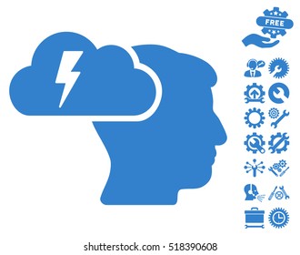 Brainstorming icon with bonus setup tools symbols. Vector illustration style is flat iconic cobalt symbols on white background.