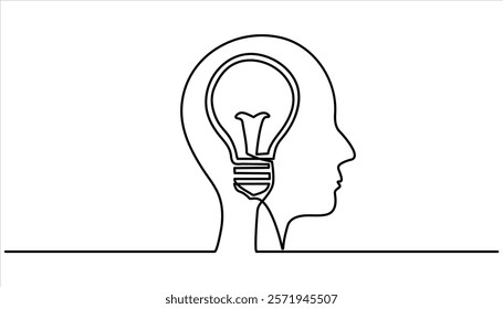 Brainstorming Icon continuous one line drawing. Hand Drawn light bulb Symbol Vector Illustration