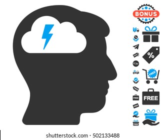 Brainstorming icon with free bonus pictures. Vector illustration style is flat iconic symbols, blue and gray colors, white background.