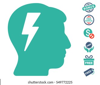 Brainstorming icon with free bonus symbols. Vector illustration style is flat iconic symbols, cobalt and cyan colors, white background.