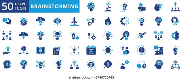 brainstorming icon pack flat contains creative work, imagination, business intelligence, idea, problem solving, innovation, discussion, knowledge transfer, sharing, thinking, machine learning
