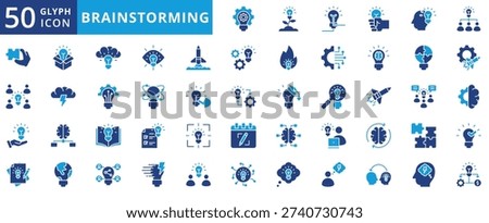 brainstorming icon pack flat contains creative work, imagination, business intelligence, idea, problem solving, innovation, discussion, knowledge transfer, sharing, thinking, machine learning