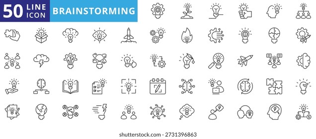 Brainstorming Icon Pack-Umriss enthält kreative Arbeit, Fantasie, Business Intelligence, Idee, Problemlösung, Innovation, Diskussion, Wissenstransfer, Teilen, Denken, maschinelles Lernen
