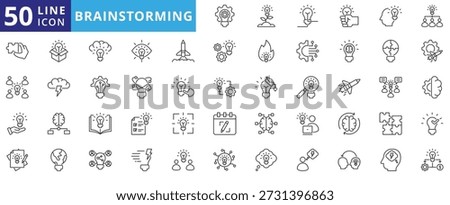 brainstorming icon pack outline contains creative work, imagination, business intelligence, idea, problem solving, innovation, discussion, knowledge transfer, sharing, thinking, machine learning