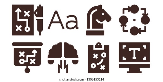 brainstorming icon set. 8 filled brainstorming icons.  Simple modern icons about  - Strategy, Brainstorming, Typography