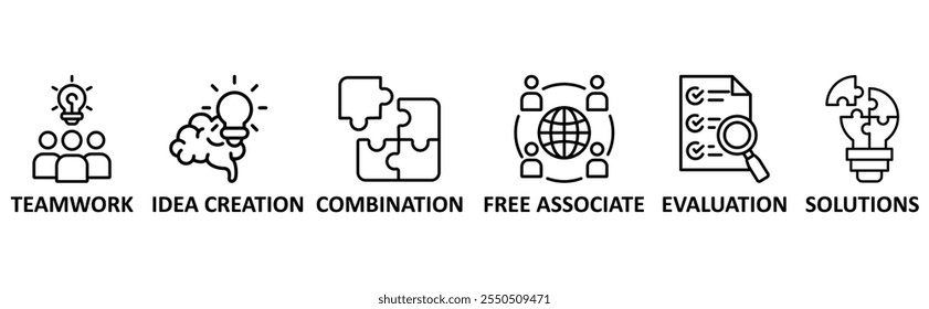 Brainstorming icon set illustration concept with icon of teamwork,idea creation,combination,free associate,evaluation,solutions	