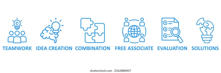 Brainstorming icon set illustration concept with icon of teamwork,idea creation,combination,free associate,evaluation,solutions