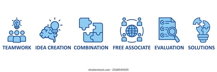 Brainstorming icon set illustration concept with icon of teamwork,idea creation,combination,free associate,evaluation,solutions	