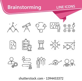 Brainstorming icon set. Line icons collection on white background. Decision, logic, strategy. Business concept. Can be used for topics like gamification, start-up, promotion