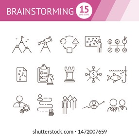 Brainstorming icon set. Line icons collection on white background. Decision, logic, strategy. Business concept. Can be used for topics like gamification, start-up, promotion