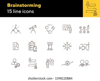 Brainstorming icon set. Line icons collection on white background. Decision, logic, strategy. Business concept. Can be used for topics like gamification, start-up, promotion
