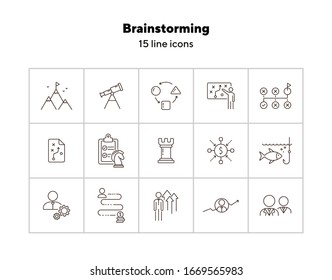 Juego de iconos de lluvia de ideas. Colección de iconos de línea en fondo blanco. Decisión, lógica, estrategia. Concepto de negocio. Se puede utilizar para temas como gamificación, puesta en marcha, promoción