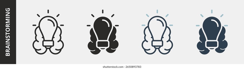 Brainstorming Icon Set Multiple Style Collection. Contains Outline, Glyph, Outline Blue and Glyph Blue Style Icons