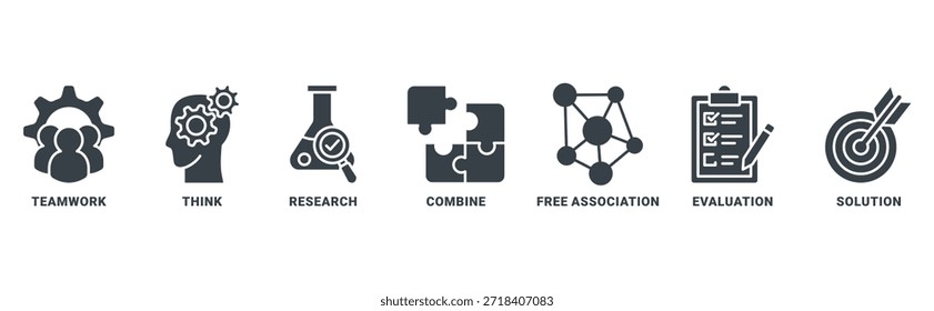 Brainstorming ícone definir conceito vetorial com ícone de trabalho em equipe, pensar, pesquisar, combinar, livre associação, avaliação, solução